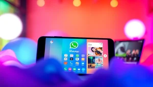 FM WhatsApp download showcased on a stylized smartphone interface with vibrant customization features.