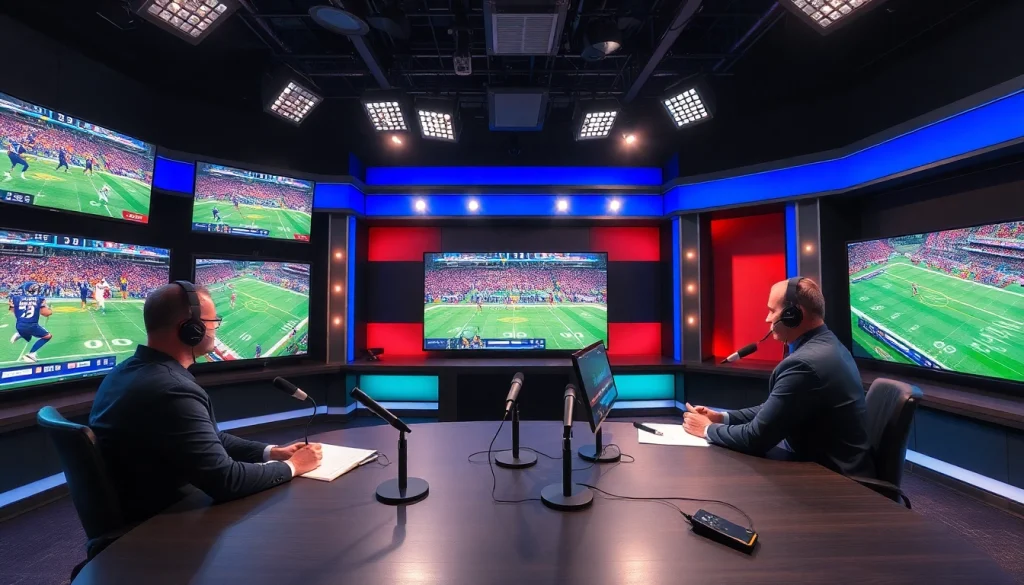 Engaging scene of Sports Broadcasting featuring professional broadcasters and live displays.