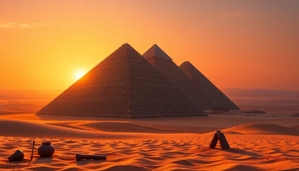 Pyraminds towering against a sunset sky with ancient artifacts in the foreground