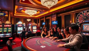 Experience thrilling gaming action at link thabet with vibrant casino tables and excited players.