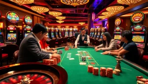 Permainan poker yang mendebarkan di meja kasino mewah dengan branding Datukwin Alternatif terlihat di latar belakang.