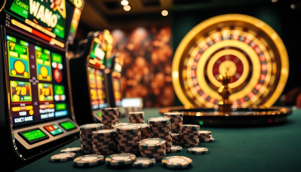 Experience the thrill of link alternatif onicplay in a lively casino scene with slot machines and poker chips.