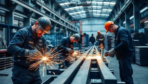 Steel fabricators near me engaged in precision work in a vibrant workshop.