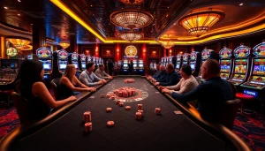 SODO Casino players enjoying a thrilling game with vibrant poker chips and bright slot machines.