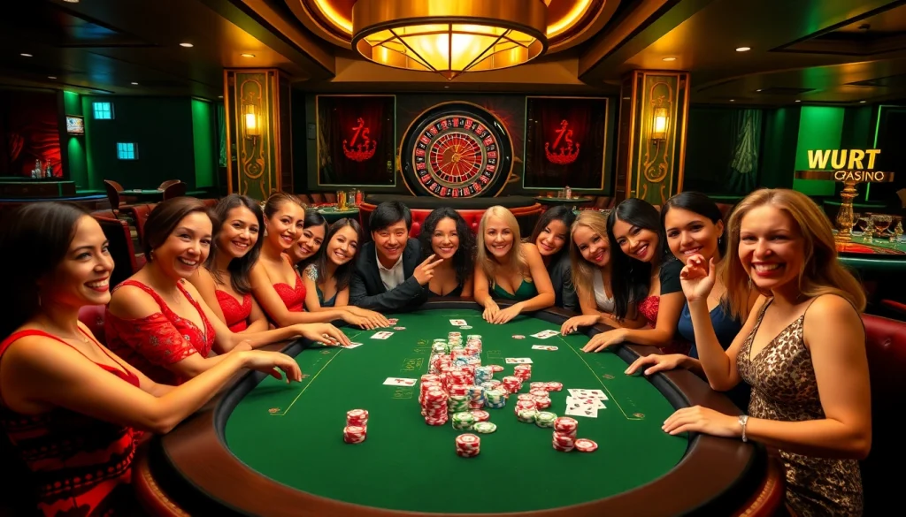 Players enjoying a thrilling moment at a 789club gaming table filled with vibrant chips and cards.