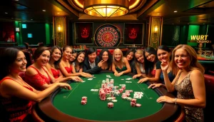 Players enjoying a thrilling moment at a 789club gaming table filled with vibrant chips and cards.