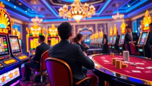 Pemain yang antusias berinteraksi dengan mesin slot deposit pulsa di kasino yang ramai.