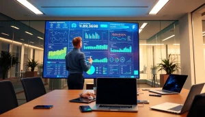 Engage with cutting-edge AI Software interface in a vibrant office setting, reflecting innovation.