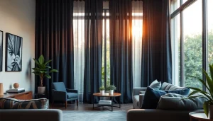 Verduisterende gordijnen creëren een sfeervolle, donkere omgeving in deze stijlvolle woonkamer.