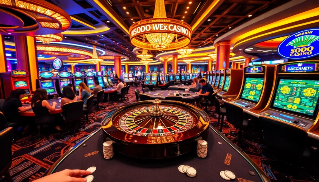 SODO CASINO players celebrating winning hands at luxurious tables in a vibrant gambling scene.