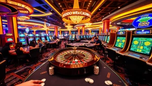 SODO CASINO players celebrating winning hands at luxurious tables in a vibrant gambling scene.