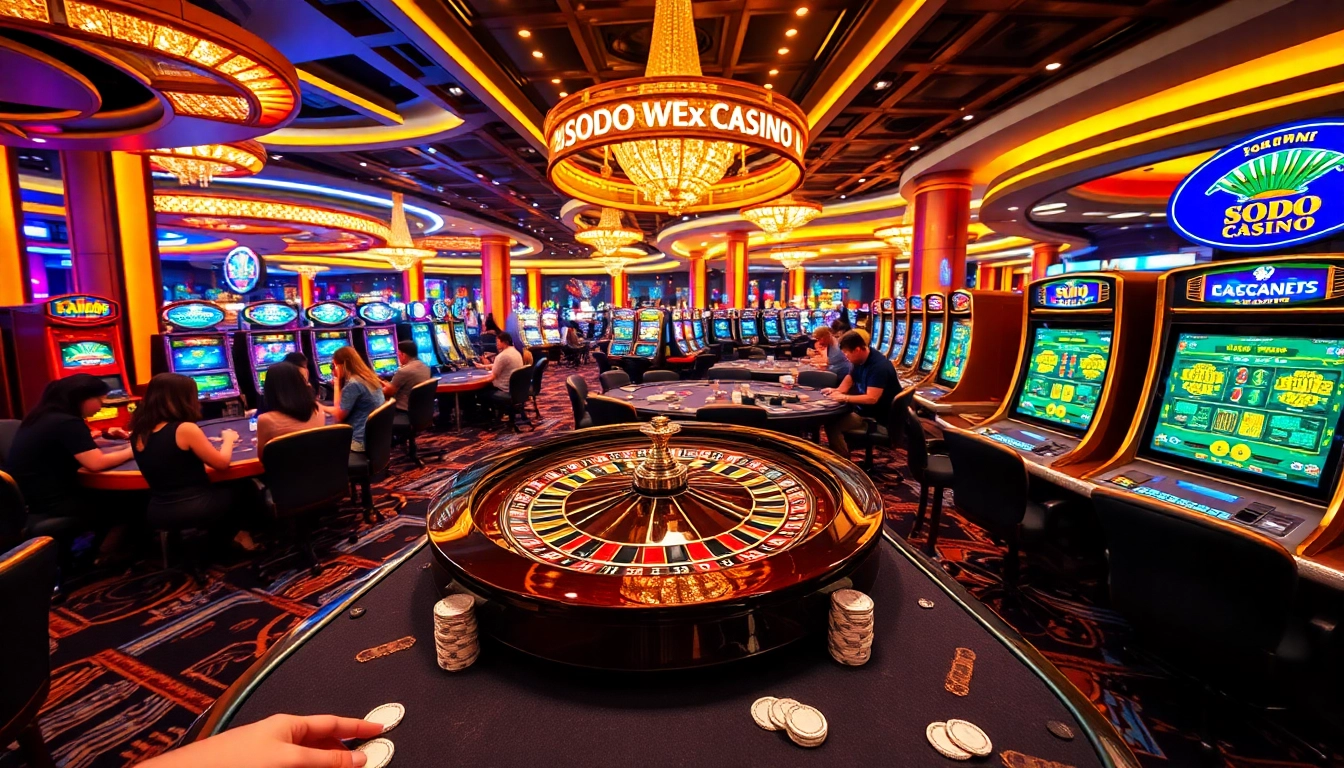 SODO CASINO players celebrating winning hands at luxurious tables in a vibrant gambling scene.