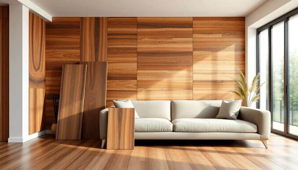 Stunning wood wall panels enhance a cozy modern living room decor.
