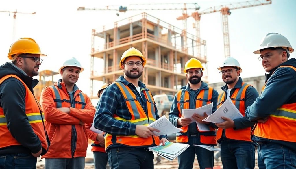Illustration depicting construction workforce development through training and teamwork on site.