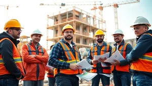 Illustration depicting construction workforce development through training and teamwork on site.