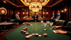 Engaging players strategizing with cards in the official hidden wiki themed luxurious casino scene.