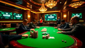 Man88 players strategizing and placing bets at a high-stakes poker table in an elegant casino.