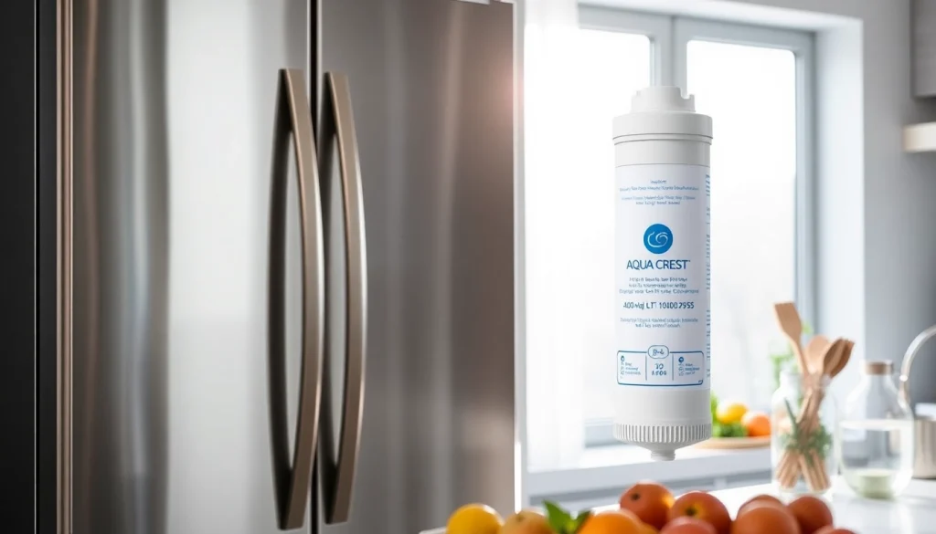 AQUA CREST LT1000PC ADQ747935 Refrigerator Water Filter and Air Filter installed in a bright modern kitchen, showcasing health and innovation.