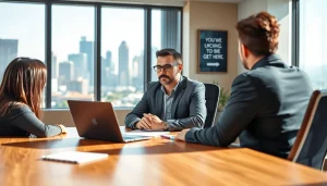 Engaging business coach in Los Angeles leading a productive session with clients in a modern office.