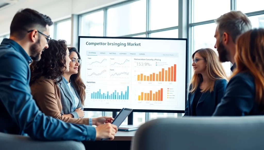 Analyze competitor pricing with a diverse team reviewing data in a modern office.