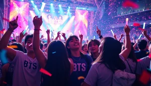 Capture the excitement of BTS news during a live concert with fans waving light sticks.
