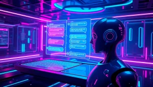 Futuristic AI nsfw chatbot interface in a vibrant cyberpunk setting