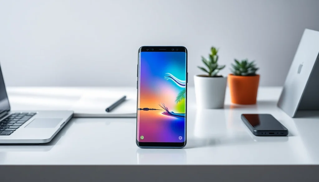S8 smartphone showcased on a modern desk with sleek tech accessories.