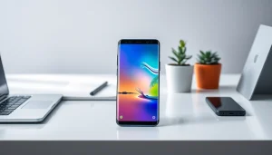 S8 smartphone showcased on a modern desk with sleek tech accessories.
