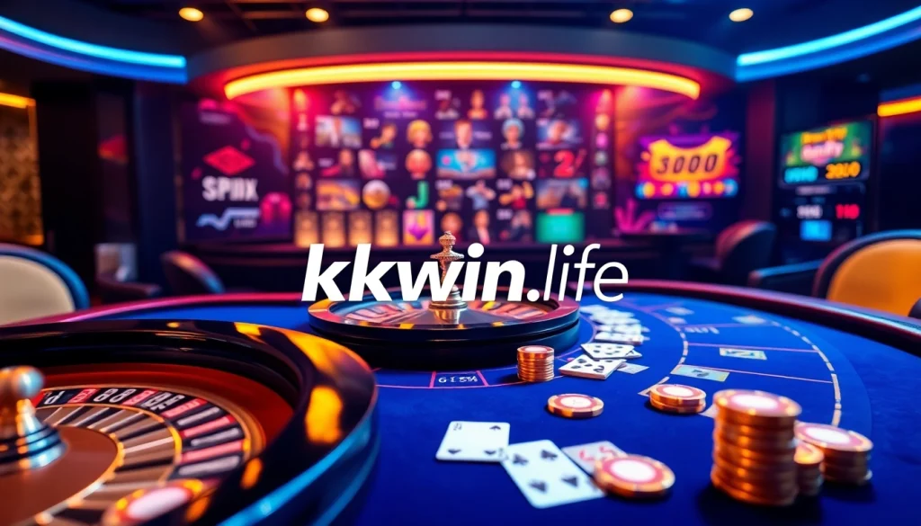 Experience thrilling online gaming at kkwin.life with vibrant casino visuals, poker chips, and roulette.