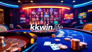 Experience thrilling online gaming at kkwin.life with vibrant casino visuals, poker chips, and roulette.