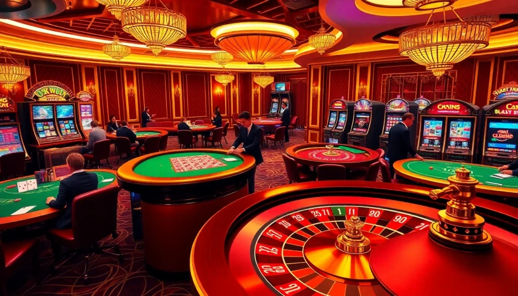 Experience the thrill of luxury gambling with okwin, showcasing poker tables, roulette wheels, and slot machines.