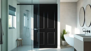 Showcasing a black shower sliding door with modern design in a contemporary bathroom setting.