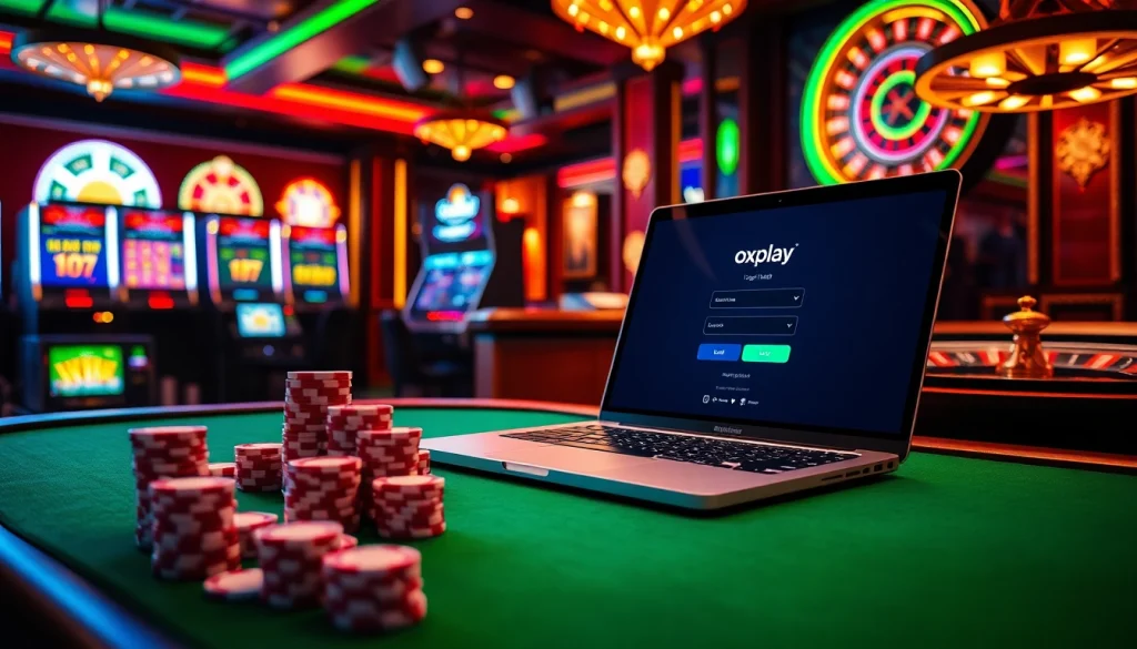 Experience the thrill of Oxplay login at a luxurious casino with vibrant gaming elements.