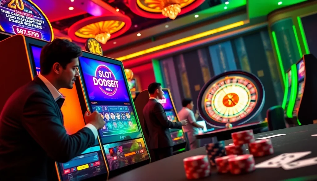 Adegan menarik pemain yang menang di mesin slot deposit pulsa dalam suasana kasino mewah.