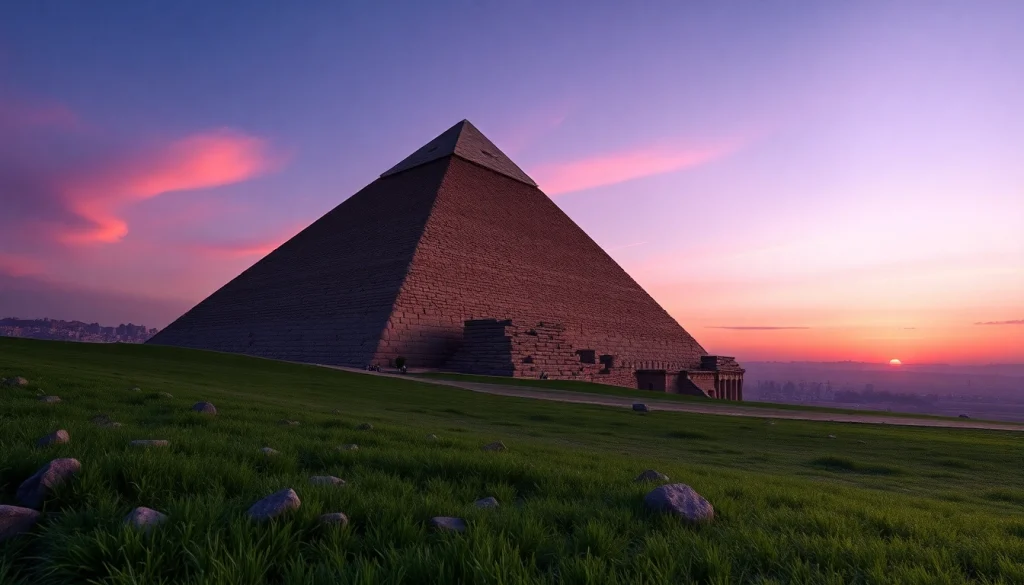 Explore the magnificent piraminds of Giza standing proudly against the twilight sky.
