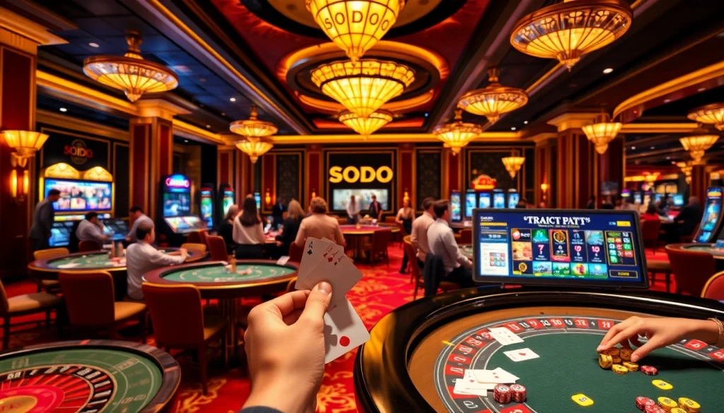 Players enjoying the thrill of SODO Casino at luxurious gaming tables with excitement.