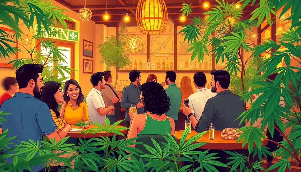 Clubs Cannabis Madrid en action avec des gens profitant d'une ambiance conviviale.