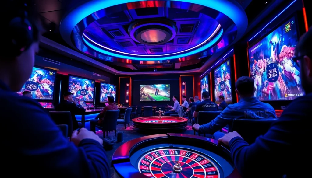 Experience Trực tiếp esports betting excitement in a luxurious lounge setting with vibrant screens and casino elements.