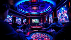 Experience Trực tiếp esports betting excitement in a luxurious lounge setting with vibrant screens and casino elements.