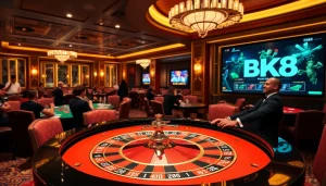Experience the thrill of BK8 with vibrant roulette and engaging players in a luxurious casino setting.