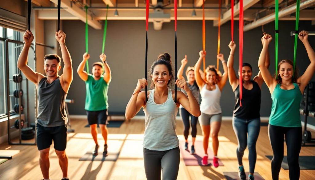 Individuals using pull-up assist bands in a vibrant gym, highlighting fitness and teamwork.