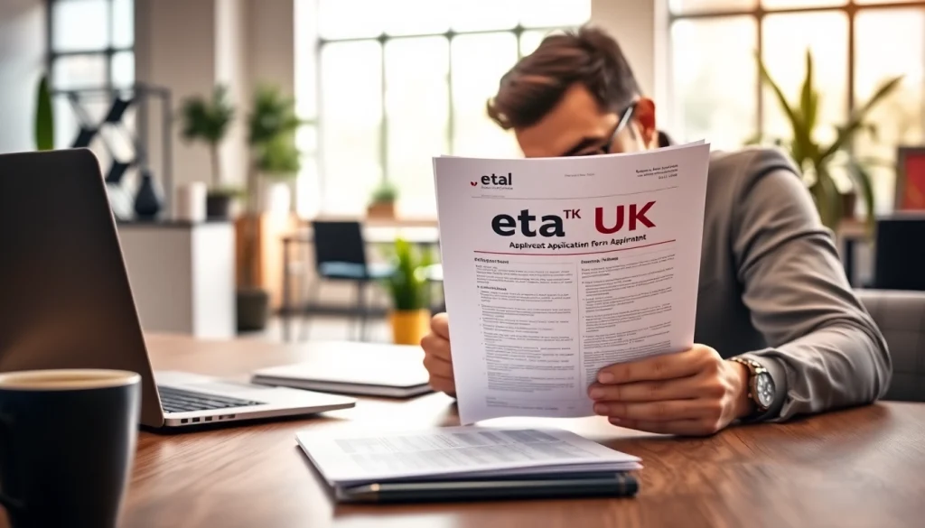 Complete eta UK application form on an organized desk in a bright office.