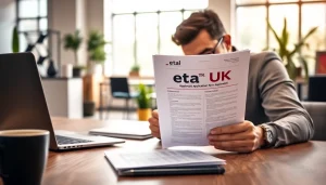 Complete eta UK application form on an organized desk in a bright office.