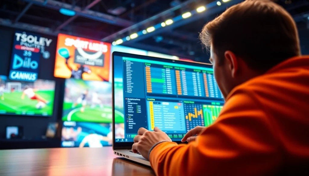 Engaged user analyzing online sports betting Canada with laptop showcasing vibrant sports graphics.