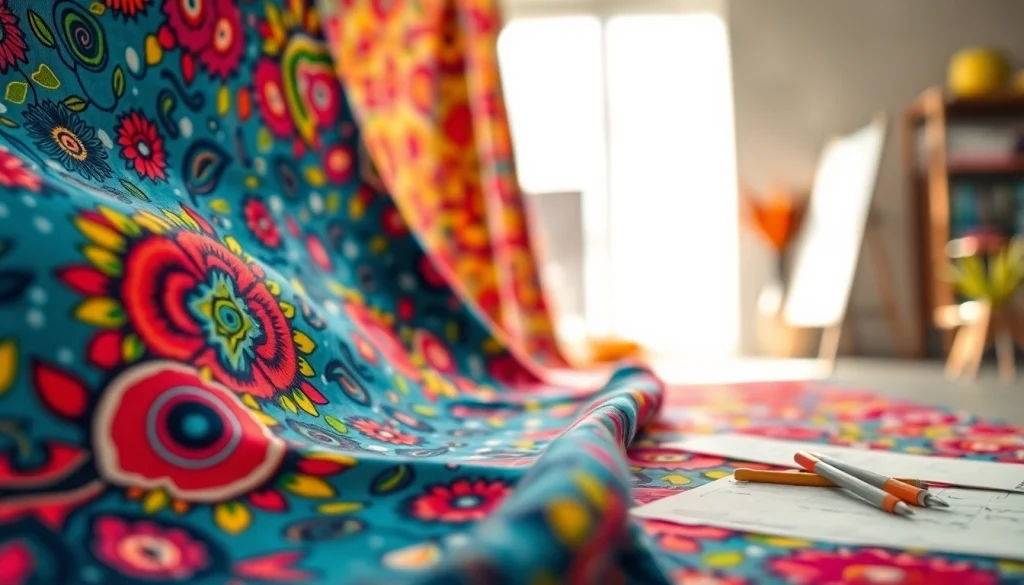 Tricot jersey bedrukt stoffen met kleurrijke patronen op een creatieve textielachtergrond.