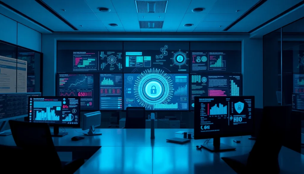 Cybersecurity AI data visualization in a modern digital workspace, emphasizing advanced cybersecurity and AI algorithms.