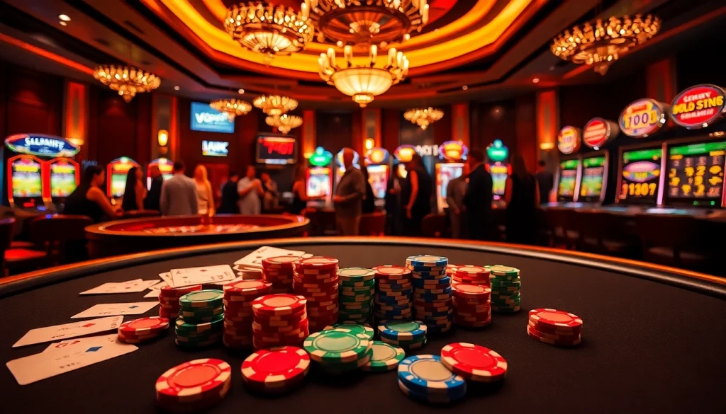 Experience the thrill of gaming at https:/cm88.bz/, with vibrant poker chips and a spinning roulette wheel.