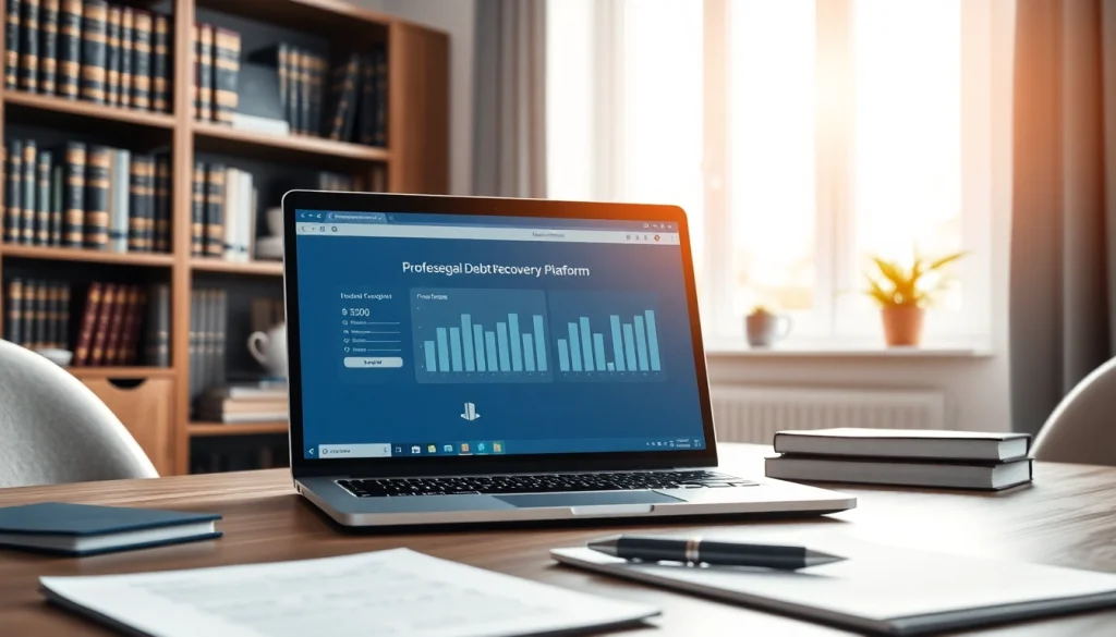Illustration of a Legal Debt Recovery Platform interface on a laptop in a professional office setting.