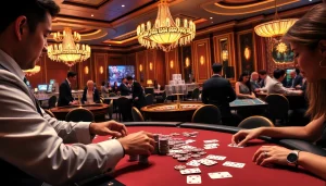 MM88 poker players place bets at an elegant casino table surrounded by excitement.