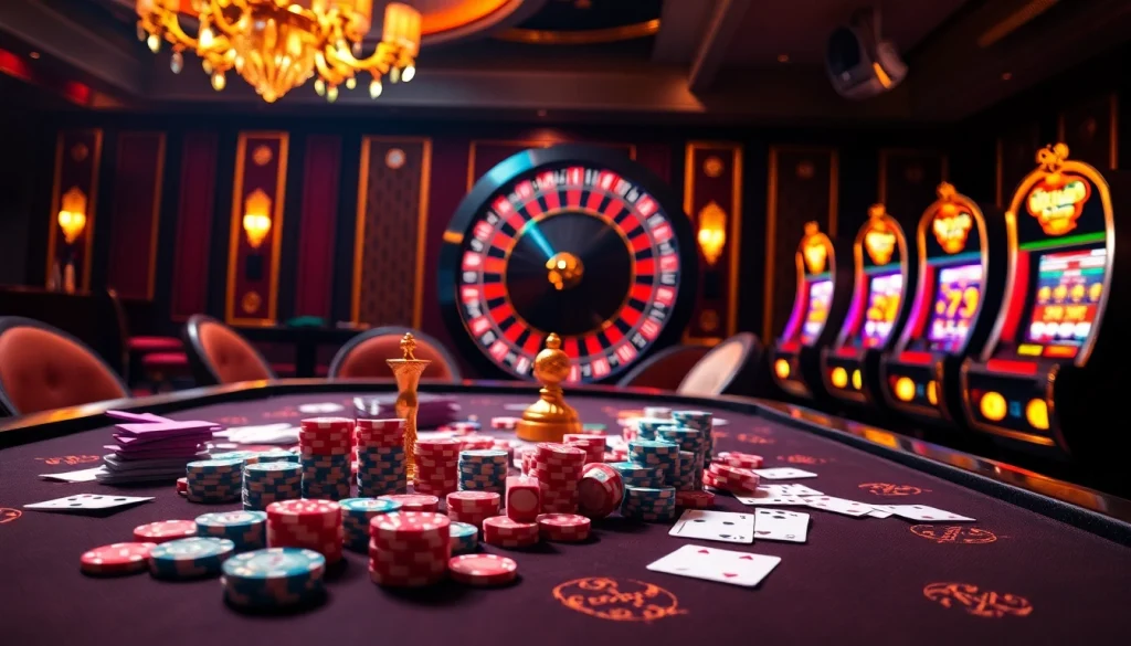 Exciting casino scene at https://shbet.law/ with poker chips, playing cards, and a roulette wheel.